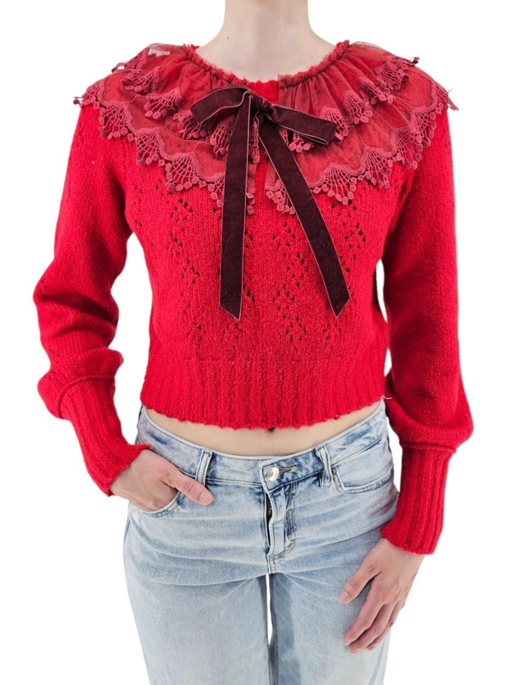 Free People Hold Me Closer Sweater Red Garnet Lace Collar Velvet Bow Crop S